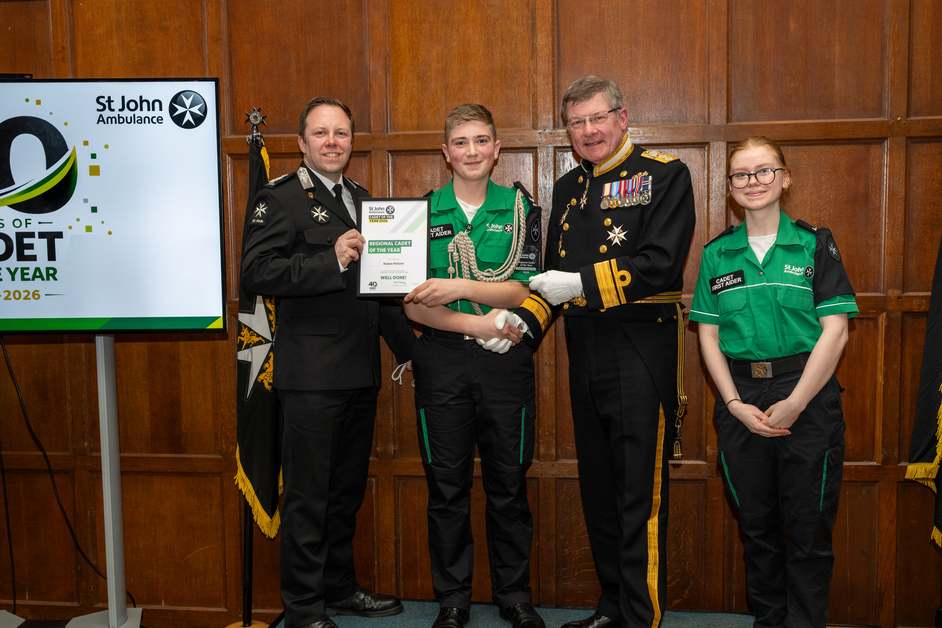 East of England RCOTY - Ruben Pollard - L2R Chief Commissioner Kevin Munday -  Rear Admiral Simon Williams and RCOTY 2025 Ruby Shortland.jpg