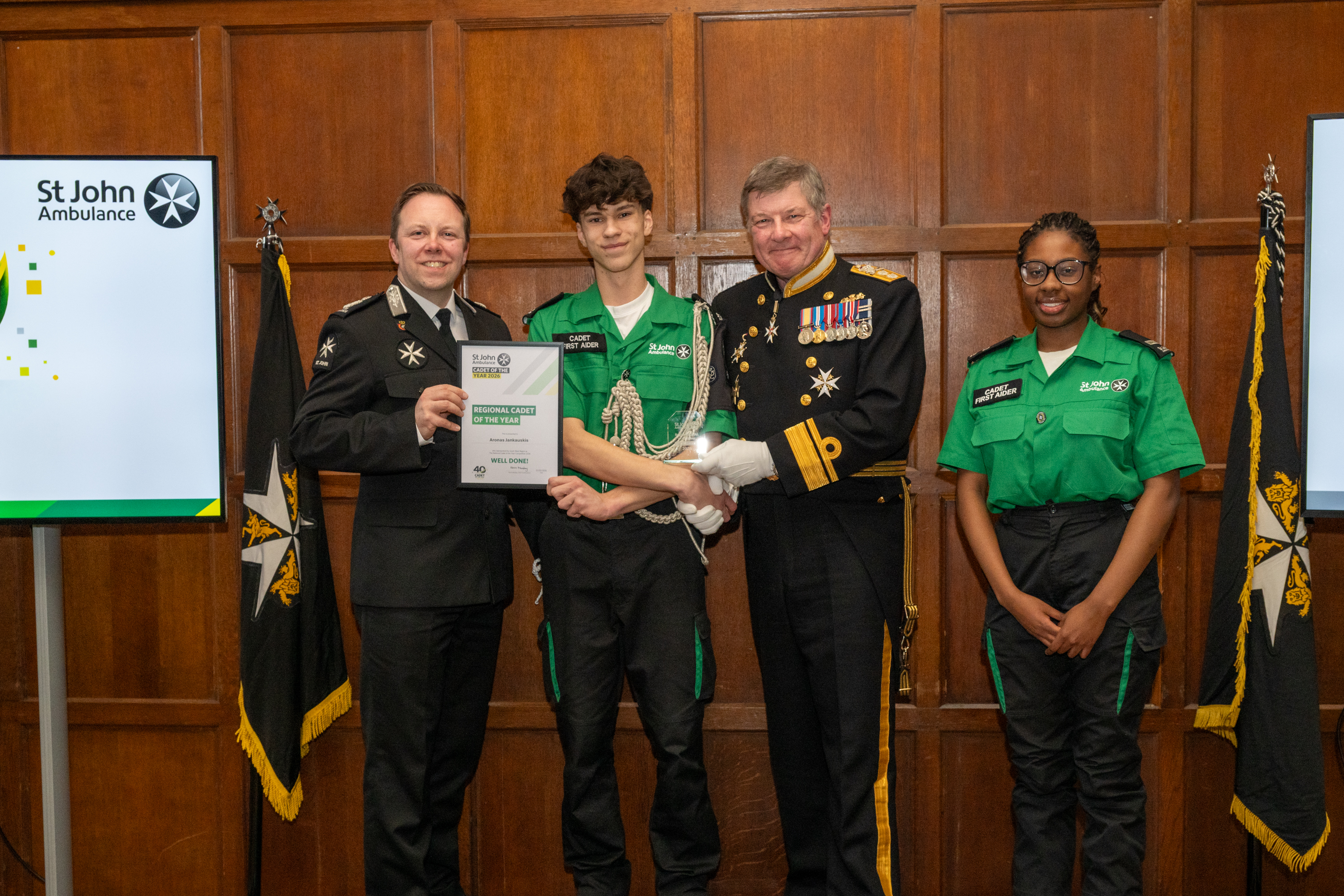 South West RCOTY - Aronas Jankauskis - L2R Chief Commissioner Kevin Munday -  Rear Admiral Simon Williams and RCOTY 2025 Sofia Ntege.jpg
