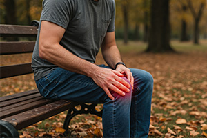A man sitting on a park bench, holding his knee in pain.