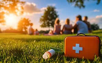 A group of people at a park, with a first aid kit in focus. A group of people at a park, with a first aid kit in focus.