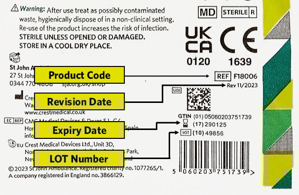 The packaging of a St John Ambulance product, highlighting its important codes.