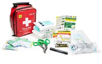 An arrangement of first aid supplies. An arrangement of first aid supplies.