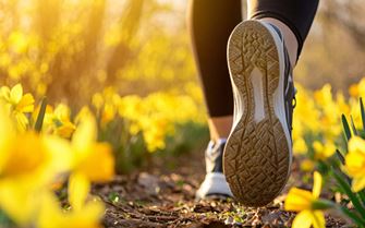 A close-up of a person walking through a field of flowers. A close-up of a person walking through a field of flowers.