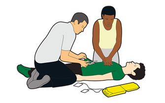 An illustration of two people helping an unconscious man in an emergency situation. An illustration of two people helping an unconscious man in an emergency situation.