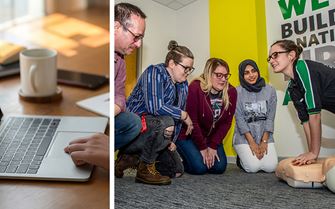 A split image of a person using a laptop, and a group of students learning emergency first aid. A split image of a person using a laptop, and a group of students learning emergency first aid.