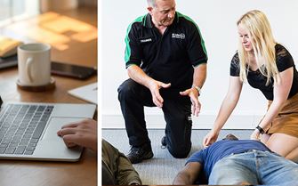 A split image of a person using a laptop, and a student learning first aid skills. A split image of a person using a laptop, and a student learning first aid skills.