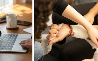 A split image of a person using a laptop and a bandage being applied to a person's wrist.