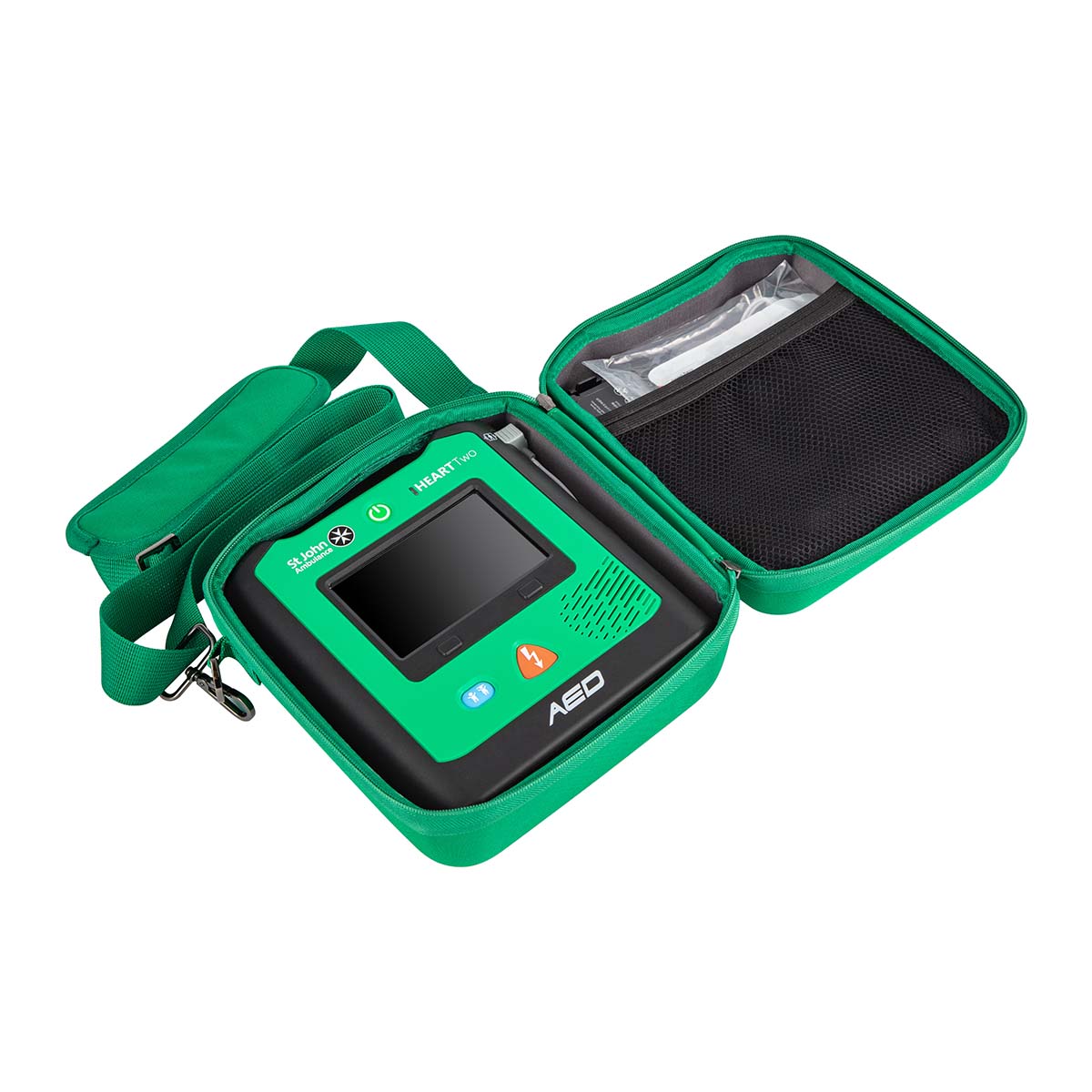 The St John Ambulance HEART Hardcase, open with a HEART Two inside.