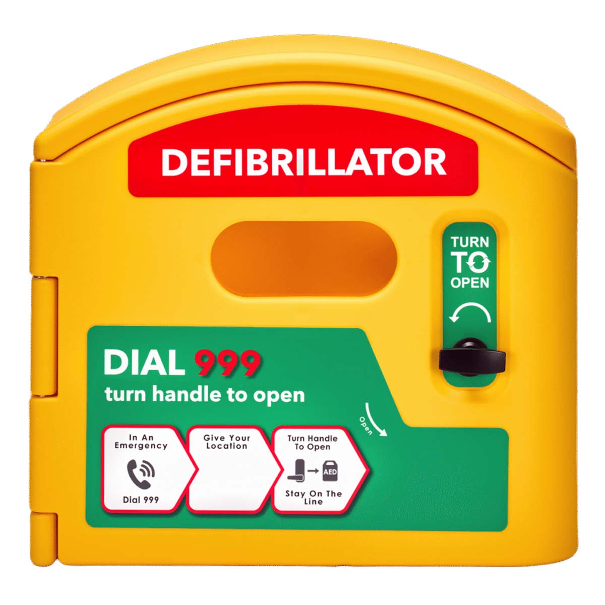 The front of the CardioCaddy DefibCaddy Public Access Defibrillator Cabinet - Unlocked.