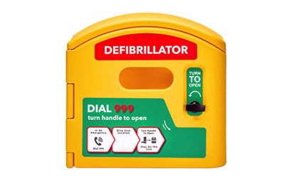 The front of the CardioCaddy DefibCaddy Public Access Defibrillator Cabinet - Unlocked.