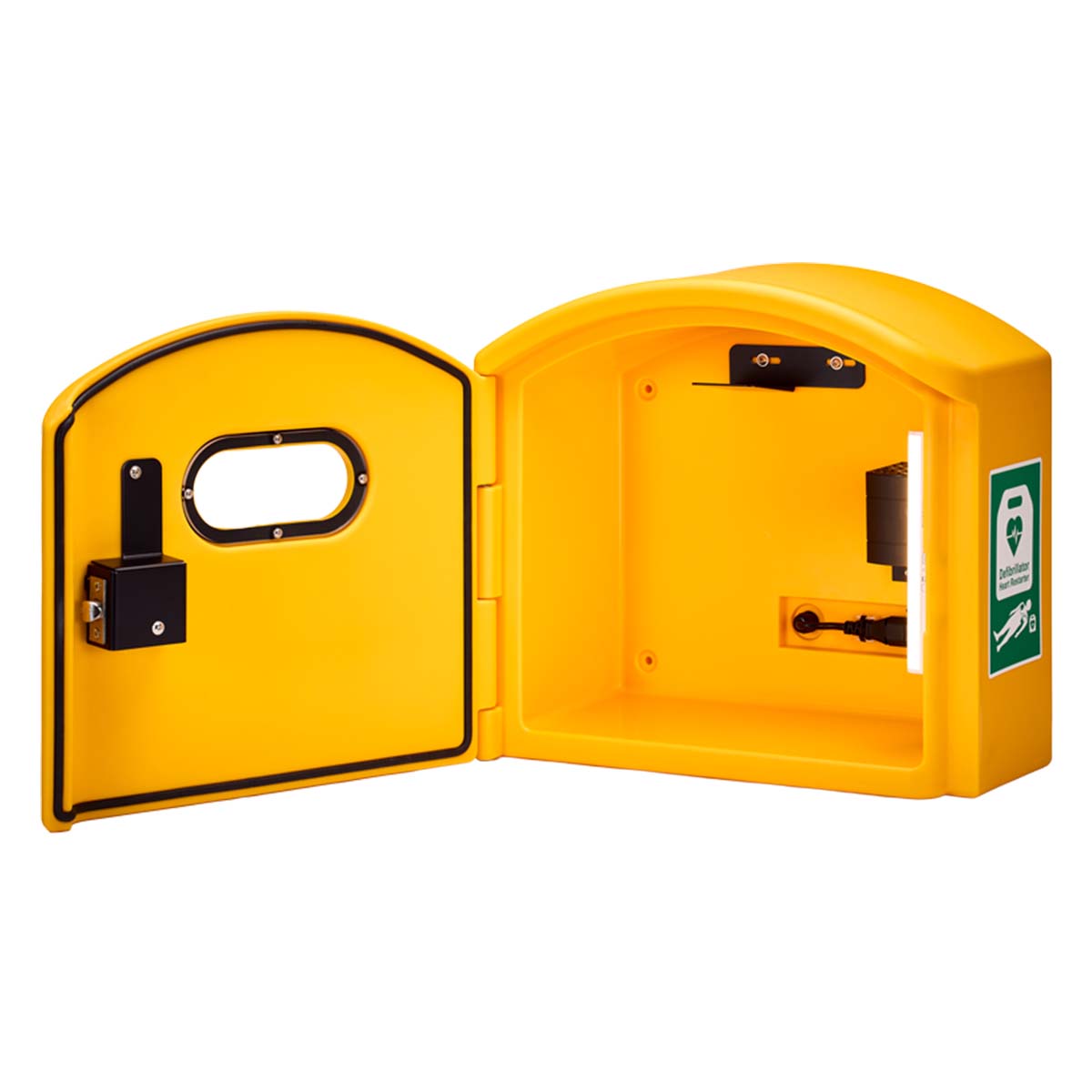 The CardioCaddy DefibCaddy Public Access Defibrillator Cabinet - Locked, opened.