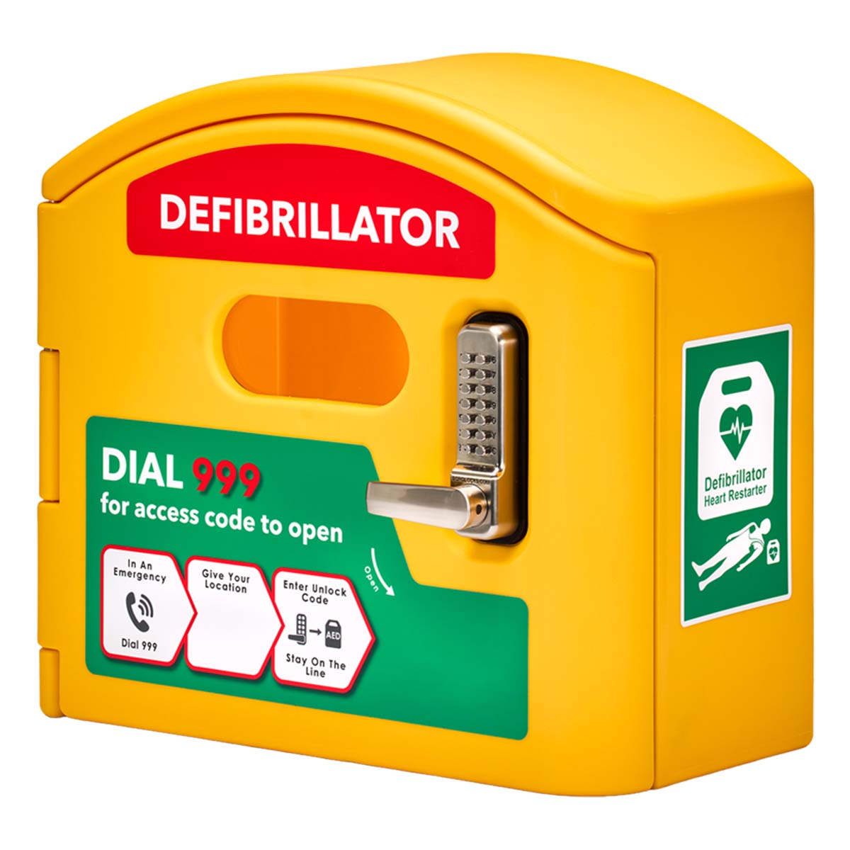 A perspective view of the CardioCaddy DefibCaddy Public Access Defibrillator Cabinet - Locked.