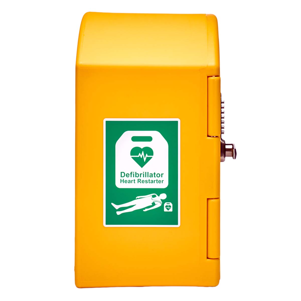 A side view of the CardioCaddy DefibCaddy Public Access Defibrillator Cabinet - Locked.