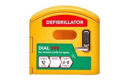 The front of the CardioCaddy DefibCaddy Public Access Defibrillator Cabinet - Locked.