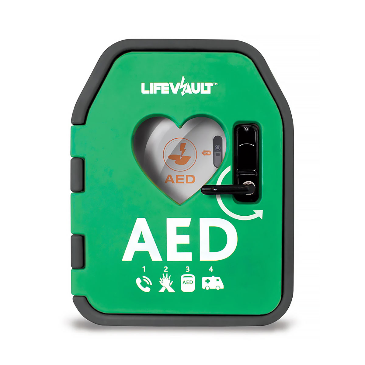 The front of the LifeVault Temperature Controlled AED Cabinet – Unlockable.