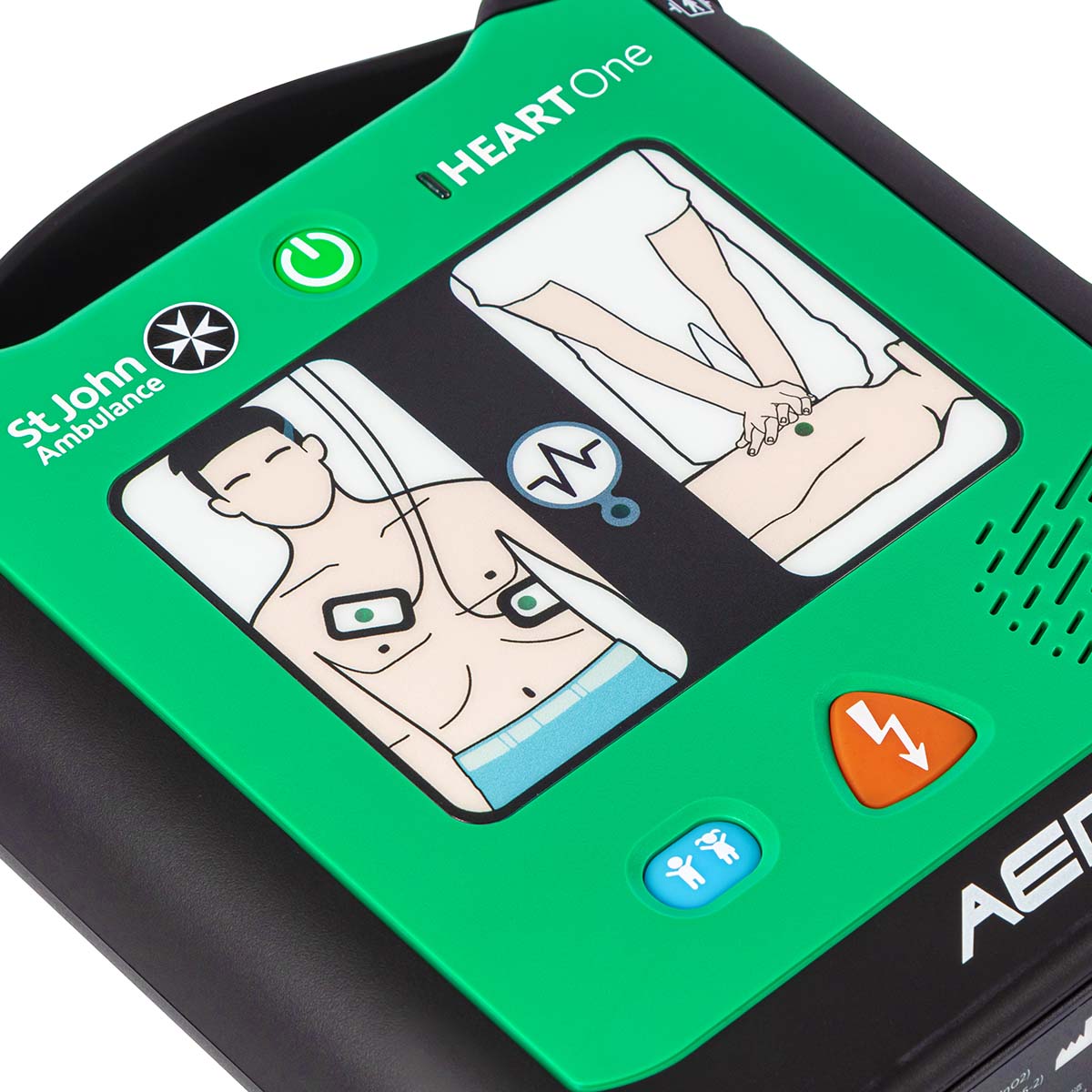 A close-up of the St John Ambulance HEART One Semi-automatic Defibrillator.
