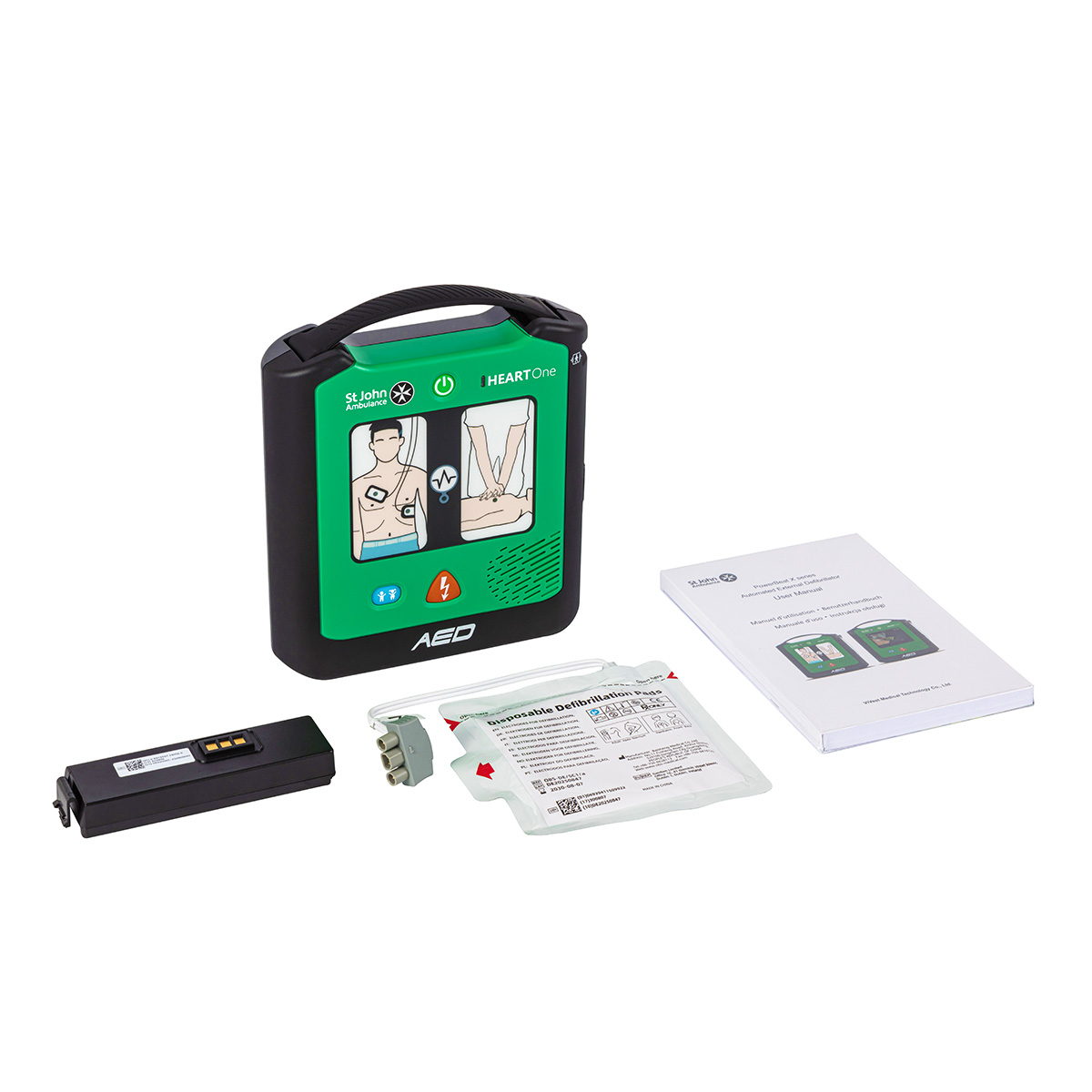 The box contents of the St John Ambulance HEART One Semi-automatic Defibrillator.