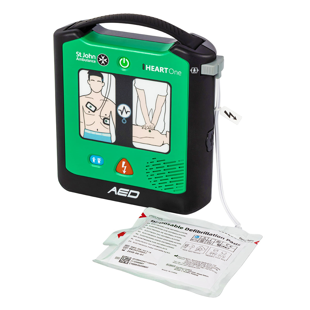 A perspective of the St John Ambulance HEART One Semi-automatic Defibrillator, with a SMART pad attached.