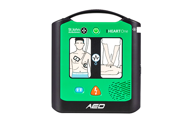 A perspective of the St John Ambulance HEART One Semi-automatic Defibrillator.