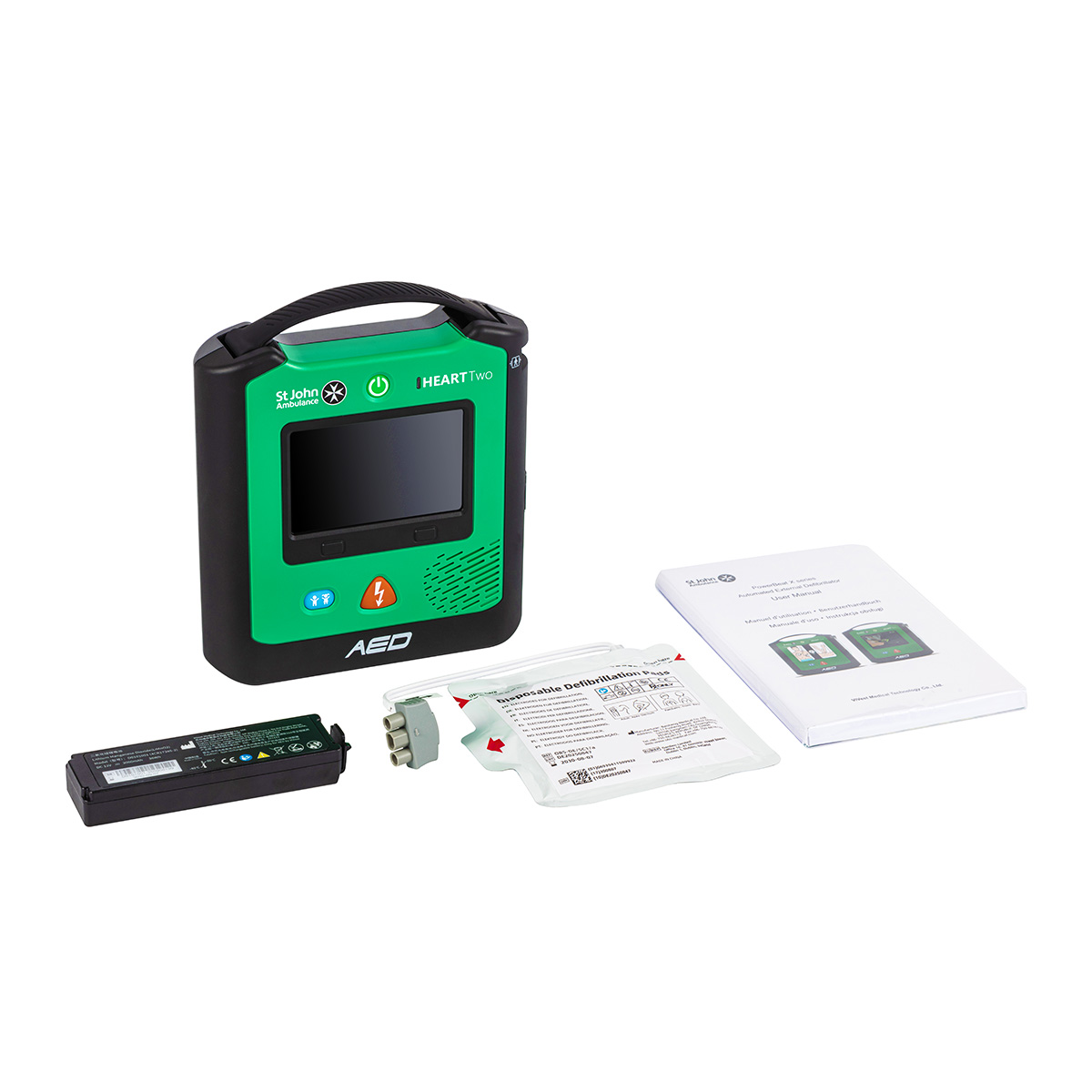 The contents of the St John Ambulance HEART Two Semi-automatic Defibrillator box.
