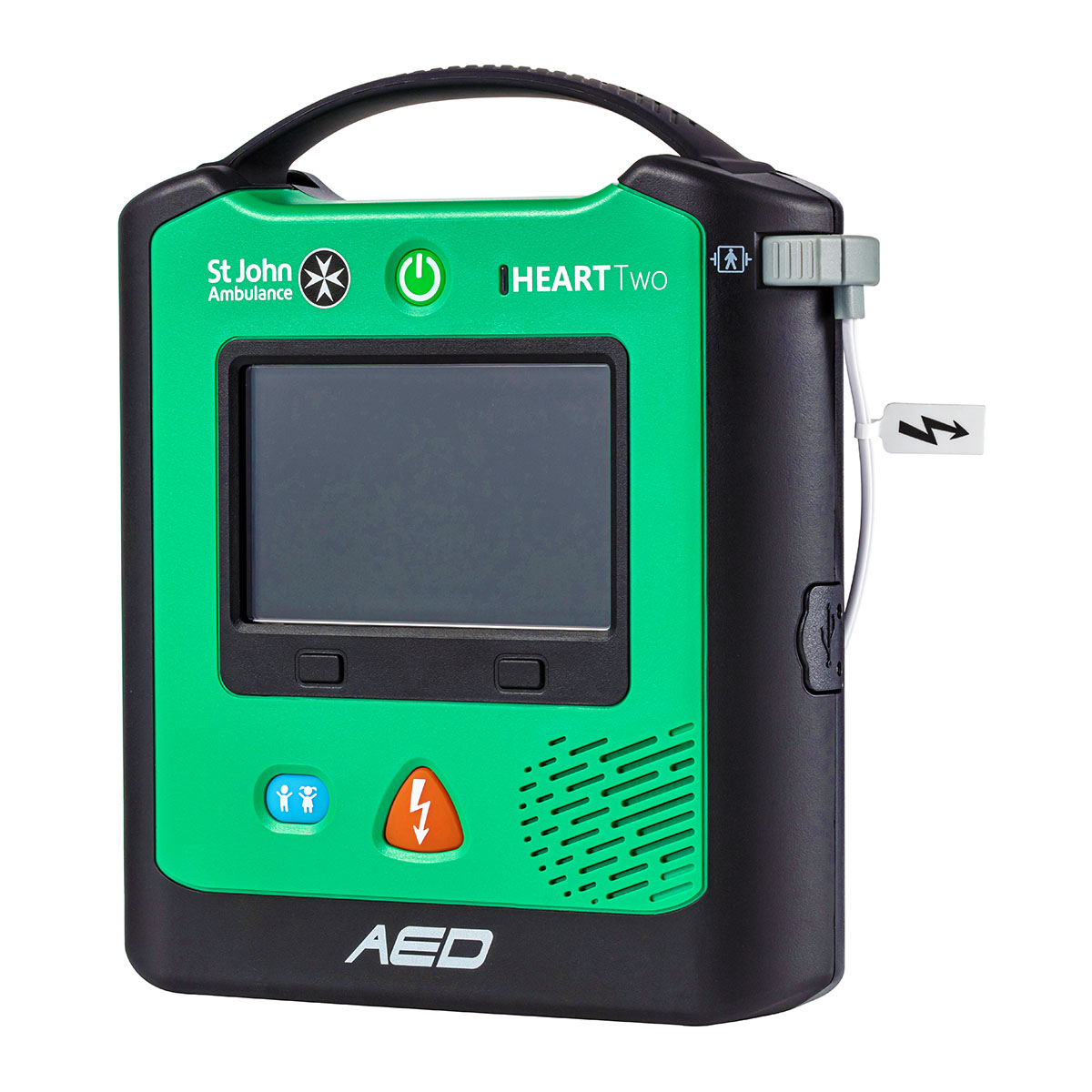 A perspective of the St John Ambulance HEART Two Semi-automatic Defibrillator.