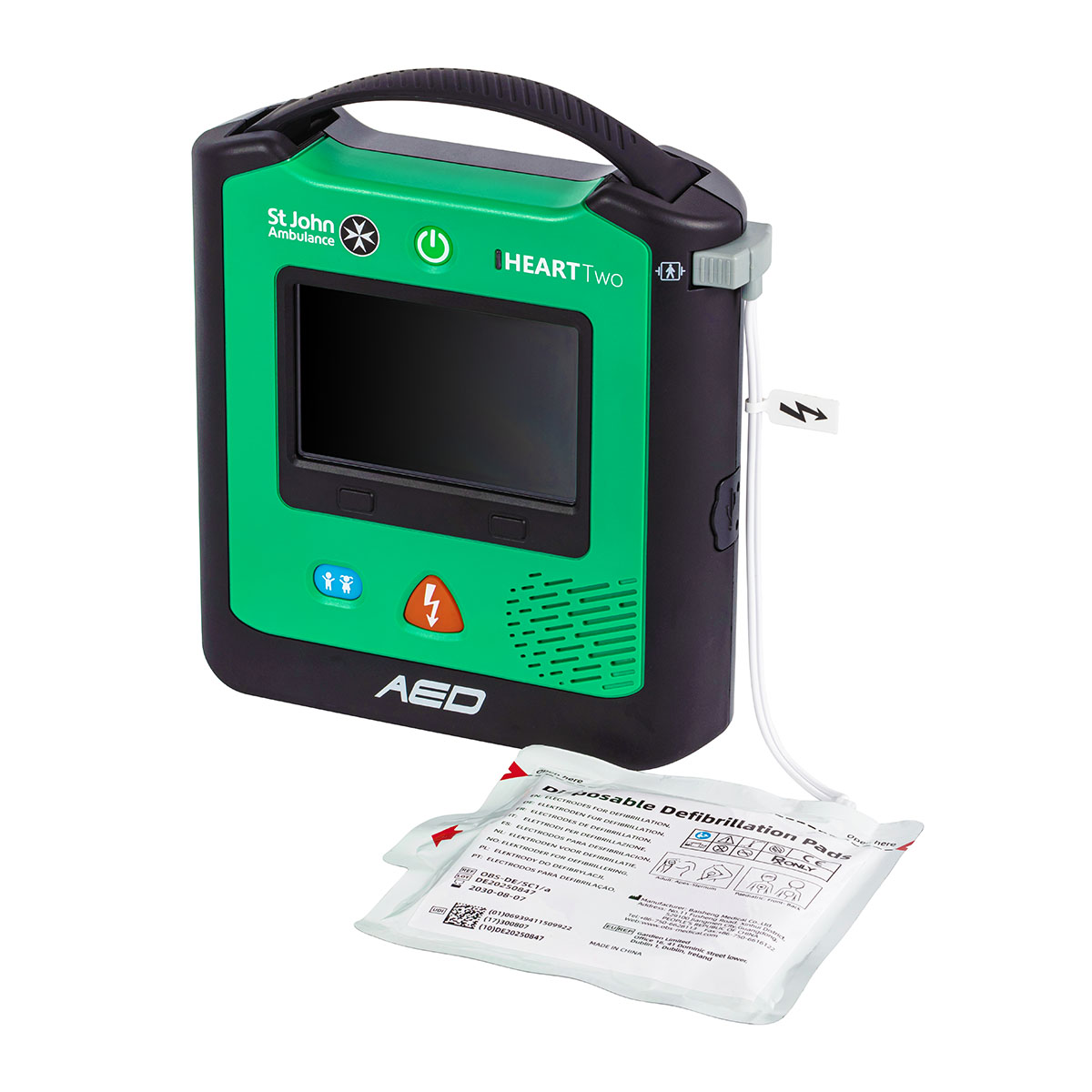 A perspective of the St John Ambulance HEART Two Semi-automatic Defibrillator, with a SMART pad installed.