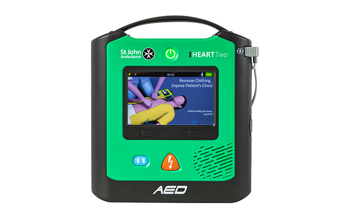A perspective of the St John Ambulance HEART Two Semi-automatic Defibrillator.
