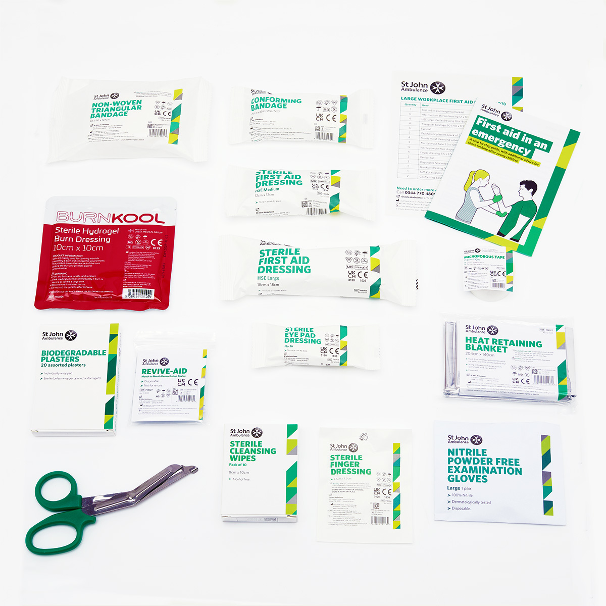The contents of the St John Ambulance Large Workplace First Aid Kit. The contents of the St John Ambulance Large Workplace First Aid Kit.