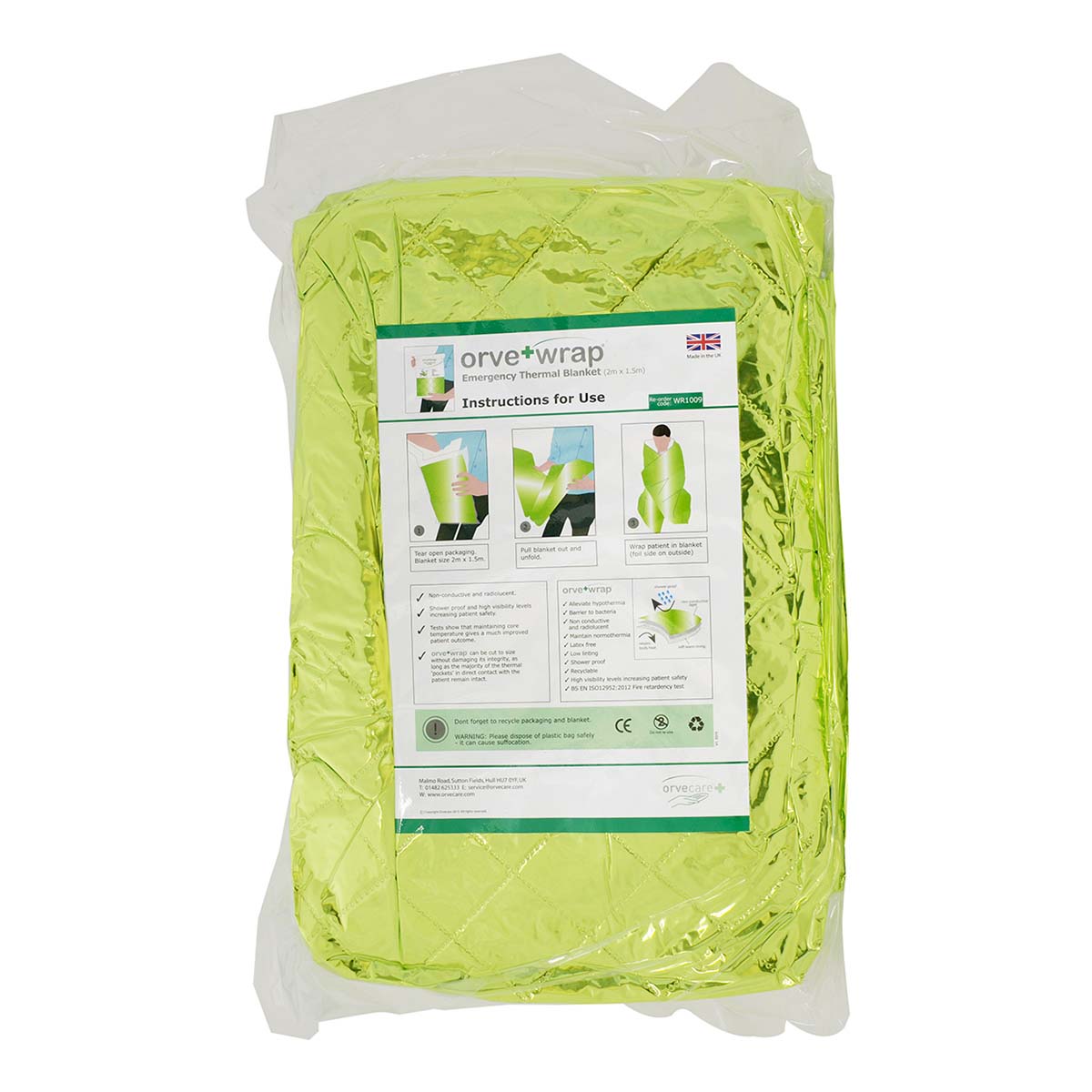 The Orvecare Emergency Blanket in Green, in its packaging.
