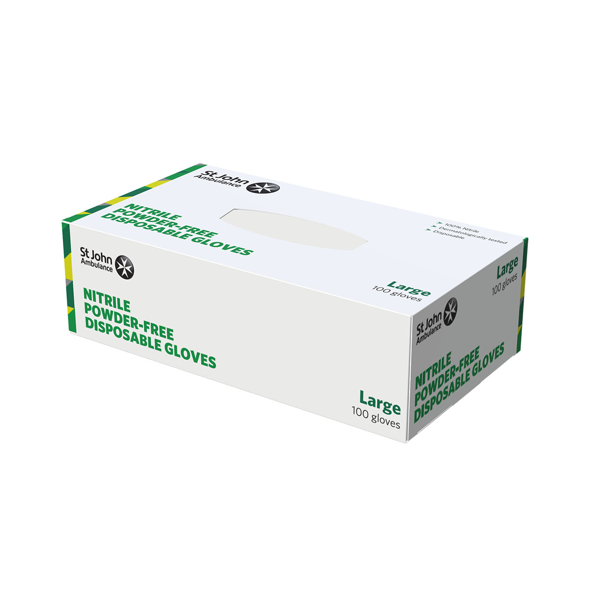 The front of the box of the St John Ambulance Nitrile Powder-free Disposable Gloves - Large - Pack of 100.
