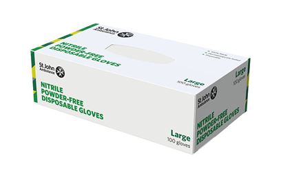 The front of the box of the St John Ambulance Nitrile Powder-free Disposable Gloves - Large - Pack of 100.