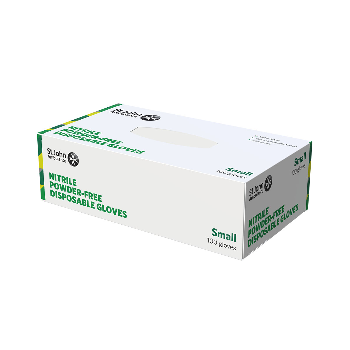 The box of the St John Ambulance Nitrile Powder-free Disposable Gloves - Small - Pack of 100.