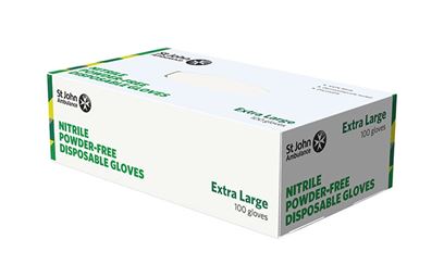 The front of the box of the St John Ambulance Nitrile Powder-free Disposable Gloves - Extra Large - Pack of 100.