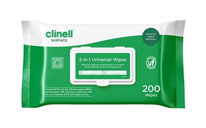 The front of the packaging for the Pack of 200 Clinell® Universal Sanitising Wipes.
