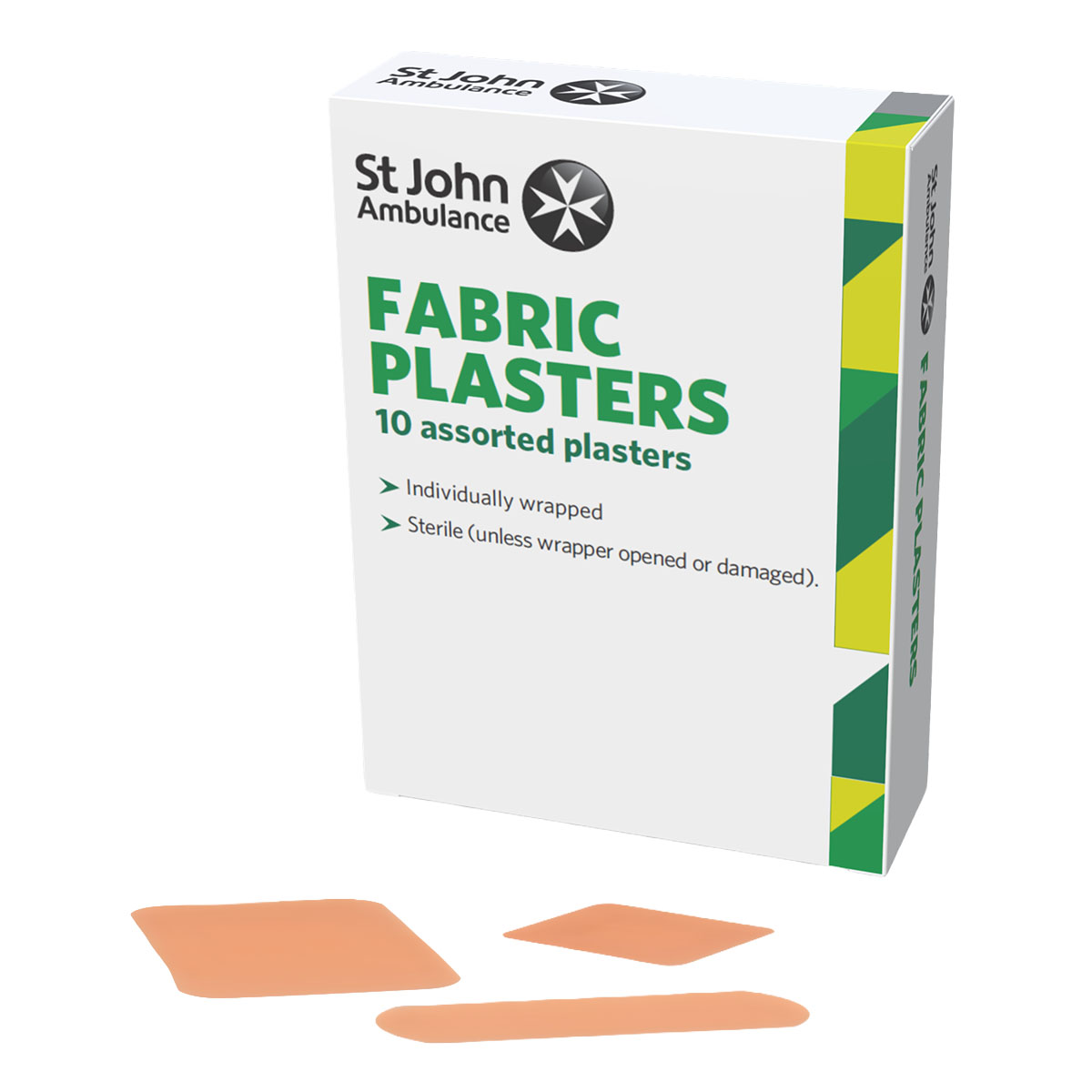 The packaging and contents of the St John Ambulance Fabric Plasters - Pack of 10.