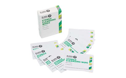 The box and contents of the St John Ambulance Sterile Cleansing Wipes.