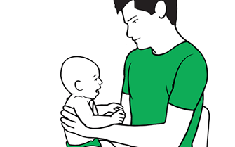 Baby croup first aid - sit the child on your knee and support their back Baby croup first aid - sit the child on your knee and support their back