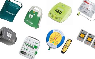 A collage of defibrillators and accessories. A collage of defibrillators and accessories.