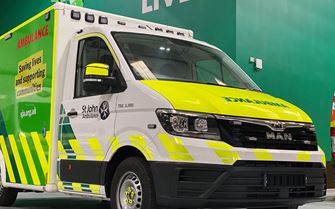 Bonnet and sideview of St John Ambulance Box Body Ambulance