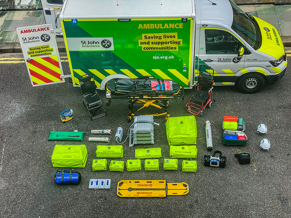 Equipment displayed in front of MAN TSE ambulance