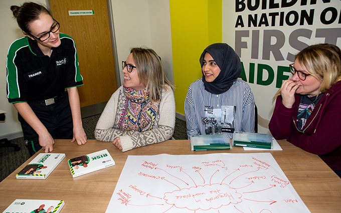 A group of health and safety course participants identifying work safety risks A group of health and safety course participants identifying work safety risks