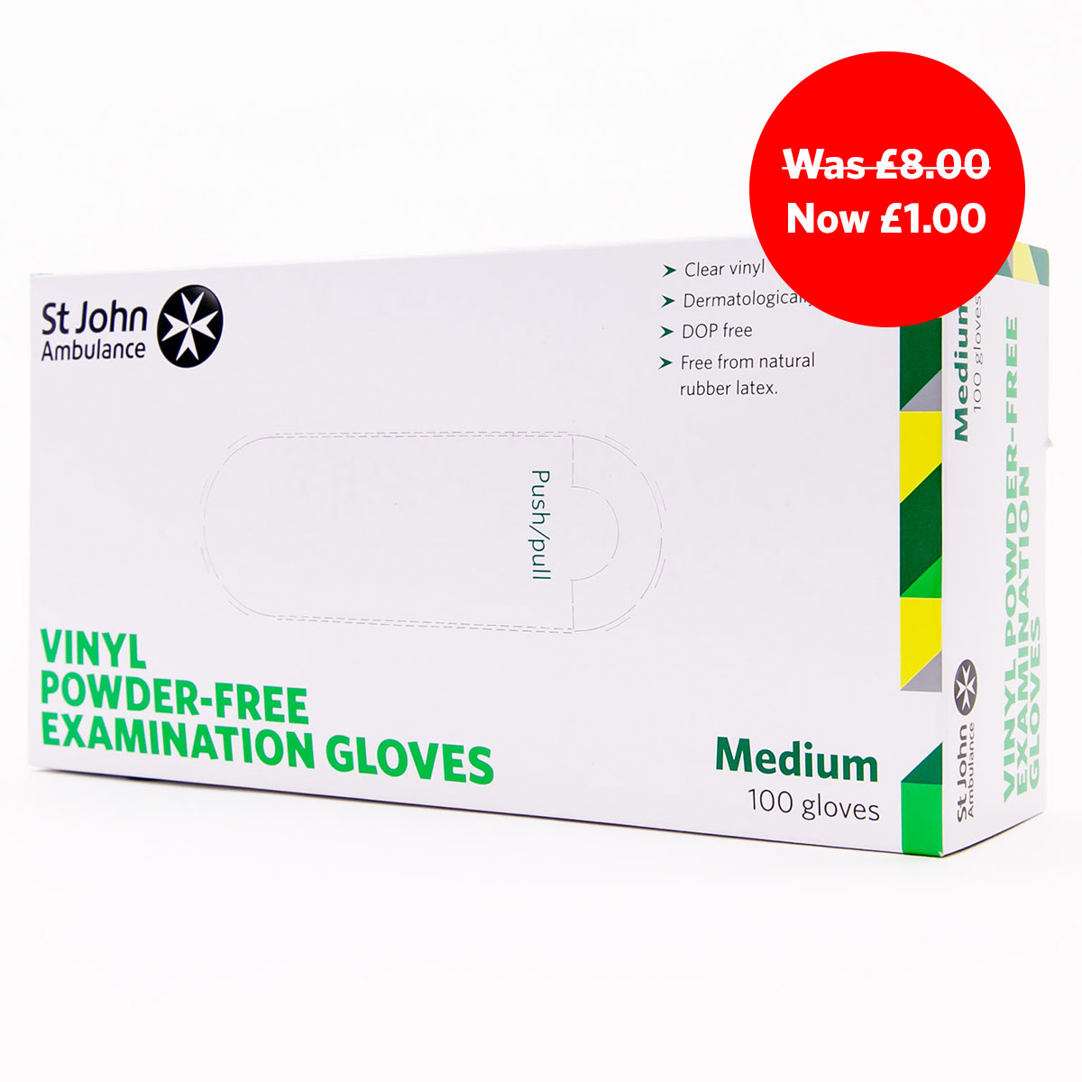 Box of 100 St John Ambulance Vinyl Powder-Free Gloves Medium Sale
