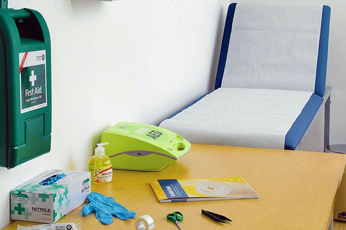 A medical room with various first aid supplies.
