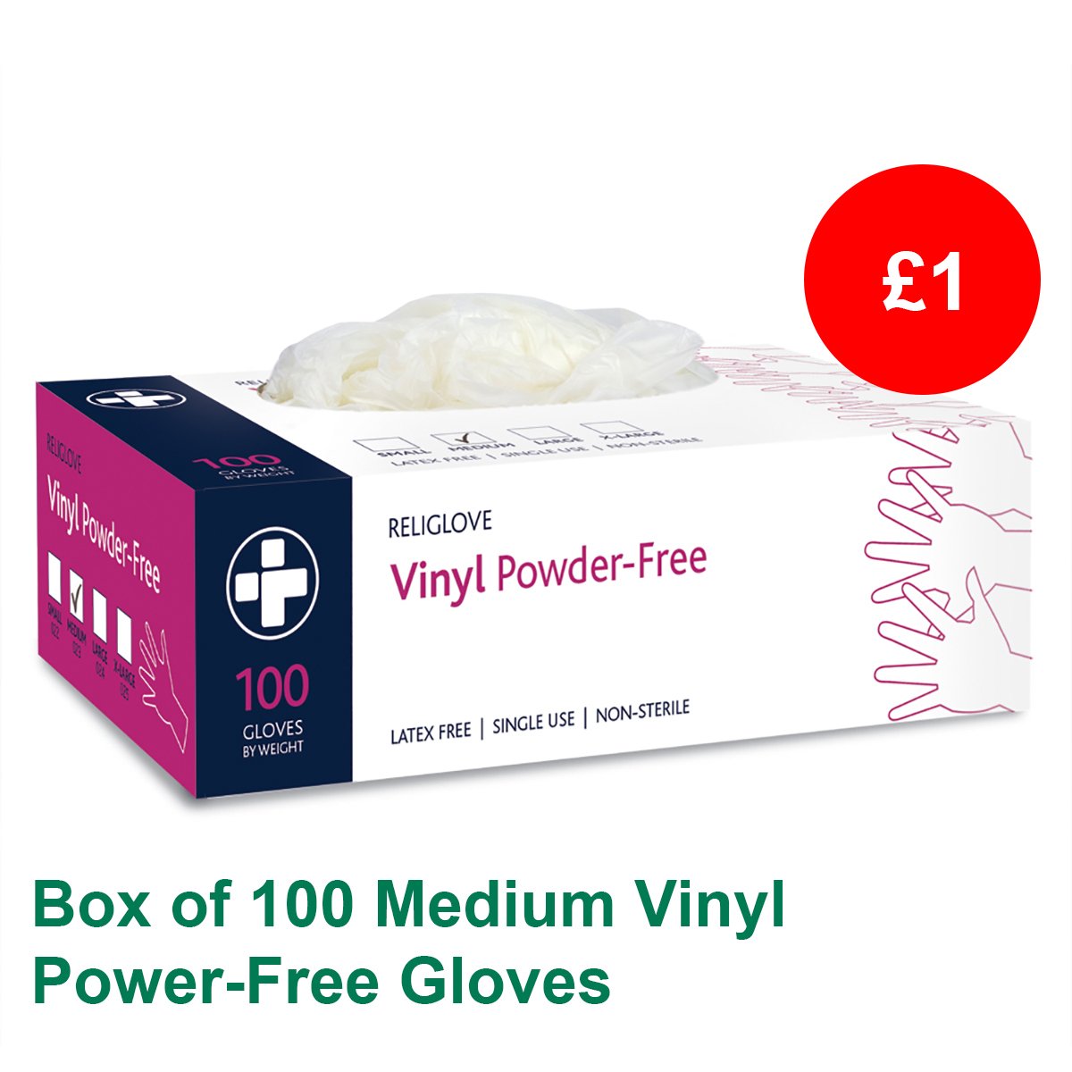 Box of 100 Medium Vinyl Powder-Free Gloves